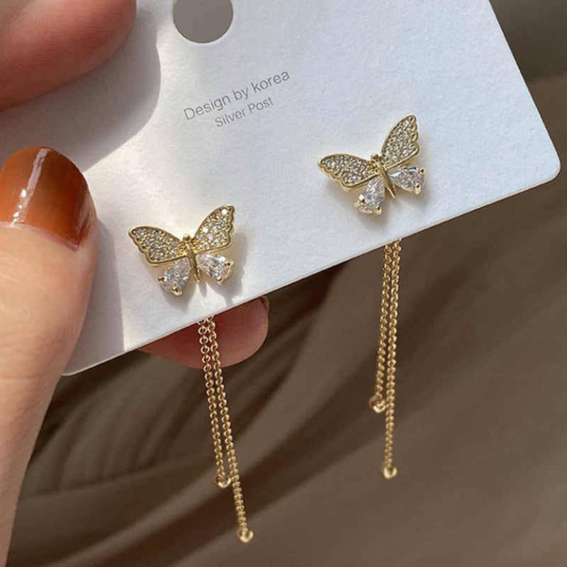 Women Long Tassel Earrings Korean Sweet Butterfly Rhinestone Earring.