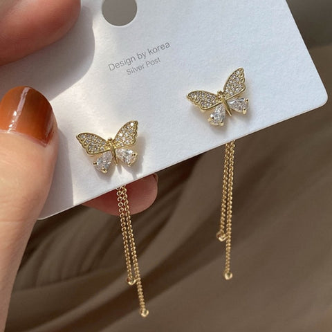 Women Long Tassel Earrings Korean Sweet Butterfly Rhinestone Earring.