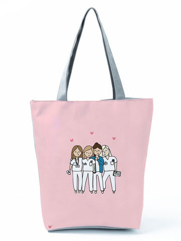 Cartoon Ladies Nurse Printed Handbag Foldable High Capacity Women Shoulder Shopping Bag Chic Travel Beach Bag