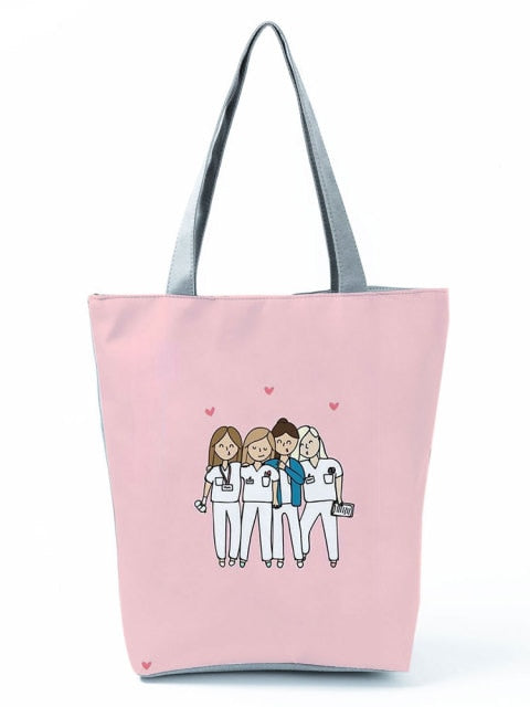 Cartoon Ladies Nurse Printed Handbag Foldable High Capacity Women Shoulder Shopping Bag Chic Travel Beach Bag