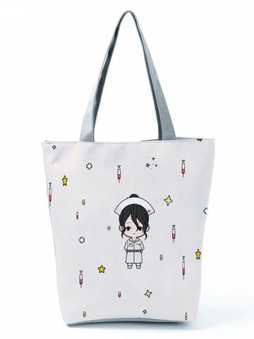 Cartoon Ladies Nurse Printed Handbag Foldable High Capacity Women Shoulder Shopping Bag Chic Travel Beach Bag