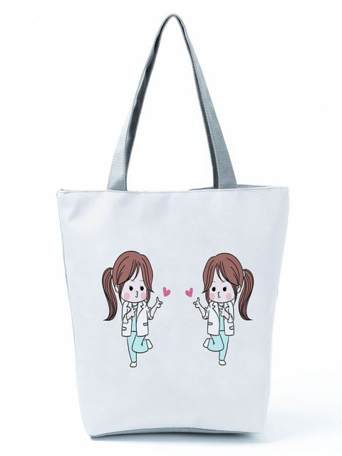 Cartoon Ladies Nurse Printed Handbag Foldable High Capacity Women Shoulder Shopping Bag Chic Travel Beach Bag