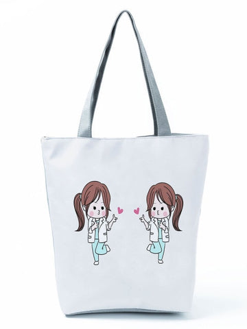 Cartoon Ladies Nurse Printed Handbag Foldable High Capacity Women Shoulder Shopping Bag Chic Travel Beach Bag