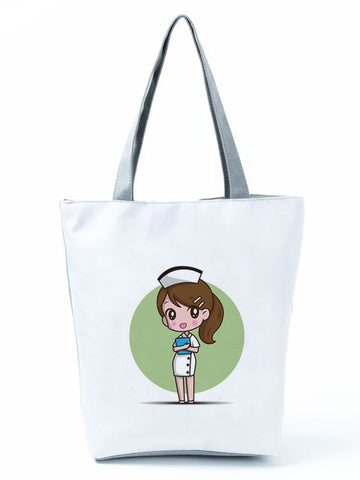 Cartoon Ladies Nurse Printed Handbag Foldable High Capacity Women Shoulder Shopping Bag Chic Travel Beach Bag