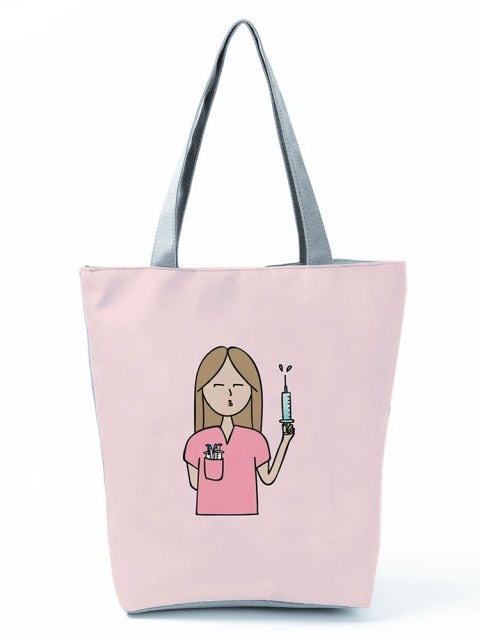 Cartoon Ladies Nurse Printed Handbag Foldable High Capacity Women Shoulder Shopping Bag Chic Travel Beach Bag