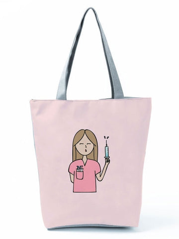 Cartoon Ladies Nurse Printed Handbag Foldable High Capacity Women Shoulder Shopping Bag Chic Travel Beach Bag
