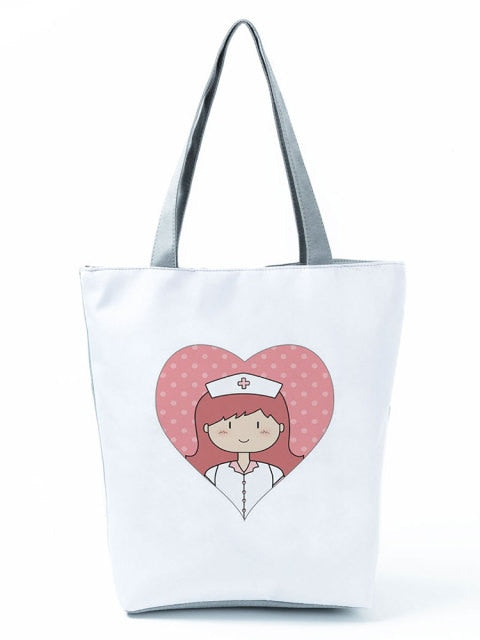 Cartoon Ladies Nurse Printed Handbag Foldable High Capacity Women Shoulder Shopping Bag Chic Travel Beach Bag