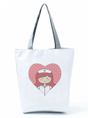 Cartoon Ladies Nurse Printed Handbag Foldable High Capacity Women Shoulder Shopping Bag Chic Travel Beach Bag