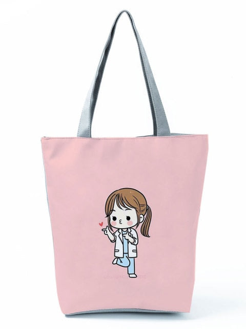 Cartoon Ladies Nurse Printed Handbag Foldable High Capacity Women Shoulder Shopping Bag Chic Travel Beach Bag