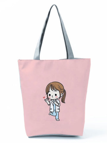 Cartoon Ladies Nurse Printed Handbag Foldable High Capacity Women Shoulder Shopping Bag Chic Travel Beach Bag