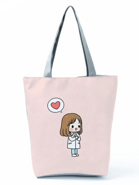 Cartoon Ladies Nurse Printed Handbag Foldable High Capacity Women Shoulder Shopping Bag Chic Travel Beach Bag