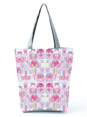 Cartoon Ladies Nurse Printed Handbag Foldable High Capacity Women Shoulder Shopping Bag Chic Travel Beach Bag