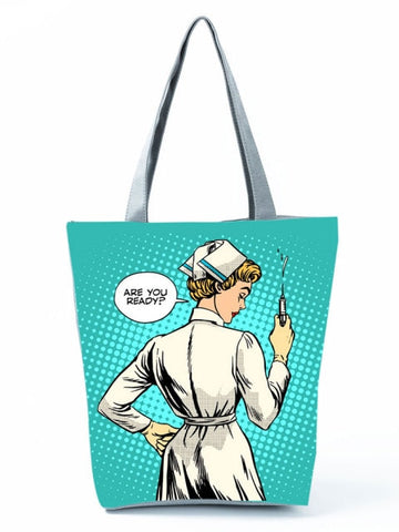 Cartoon Ladies Nurse Printed Handbag Foldable High Capacity Women Shoulder Shopping Bag Chic Travel Beach Bag
