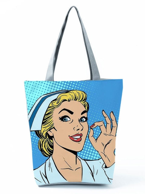 Cartoon Ladies Nurse Printed Handbag Foldable High Capacity Women Shoulder Shopping Bag Chic Travel Beach Bag