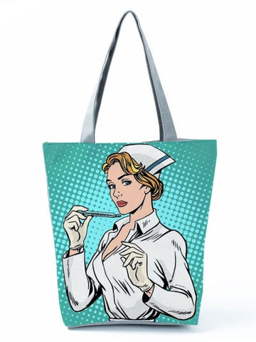 Cartoon Ladies Nurse Printed Handbag Foldable High Capacity Women Shoulder Shopping Bag Chic Travel Beach Bag