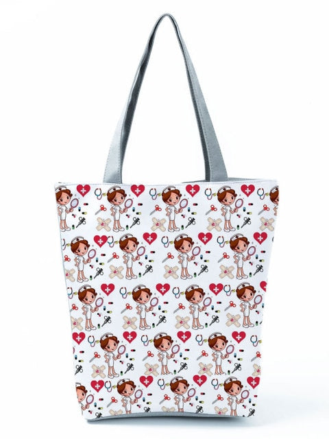 Cartoon Ladies Nurse Printed Handbag Foldable High Capacity Women Shoulder Shopping Bag Chic Travel Beach Bag