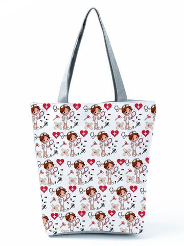 Cartoon Ladies Nurse Printed Handbag Foldable High Capacity Women Shoulder Shopping Bag Chic Travel Beach Bag