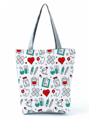 Cartoon Ladies Nurse Printed Handbag Foldable High Capacity Women Shoulder Shopping Bag Chic Travel Beach Bag