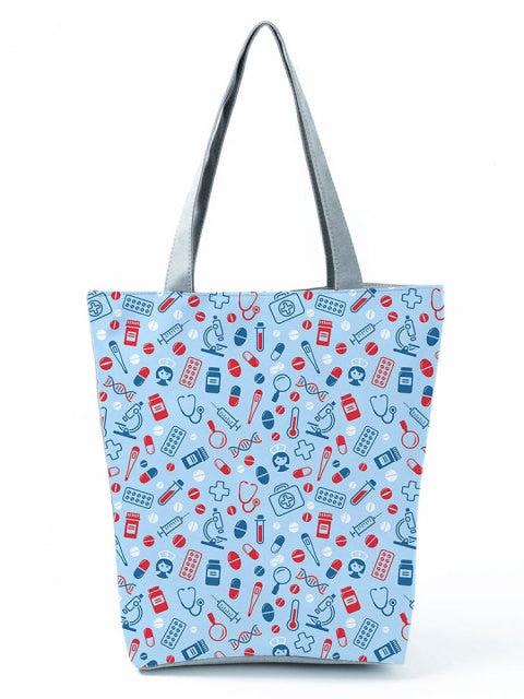 Cartoon Ladies Nurse Printed Handbag Foldable High Capacity Women Shoulder Shopping Bag Chic Travel Beach Bag