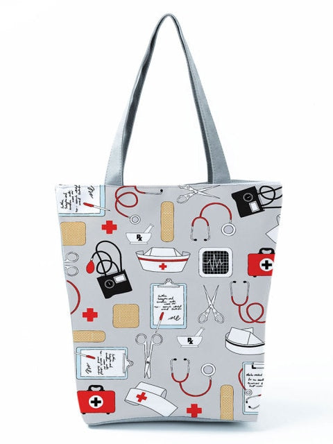 Cartoon Ladies Nurse Printed Handbag Foldable High Capacity Women Shoulder Shopping Bag Chic Travel Beach Bag
