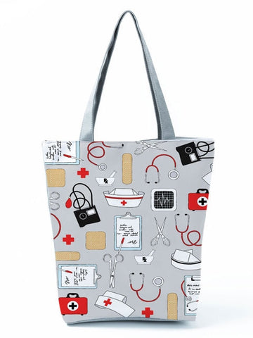 Cartoon Ladies Nurse Printed Handbag Foldable High Capacity Women Shoulder Shopping Bag Chic Travel Beach Bag