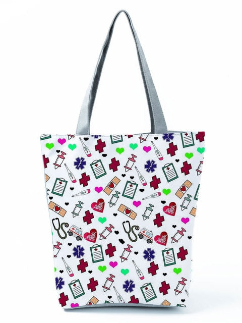Cartoon Ladies Nurse Printed Handbag Foldable High Capacity Women Shoulder Shopping Bag Chic Travel Beach Bag