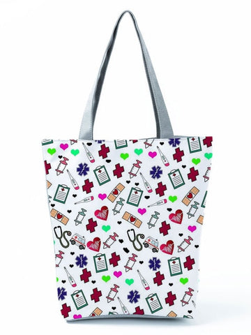 Cartoon Ladies Nurse Printed Handbag Foldable High Capacity Women Shoulder Shopping Bag Chic Travel Beach Bag