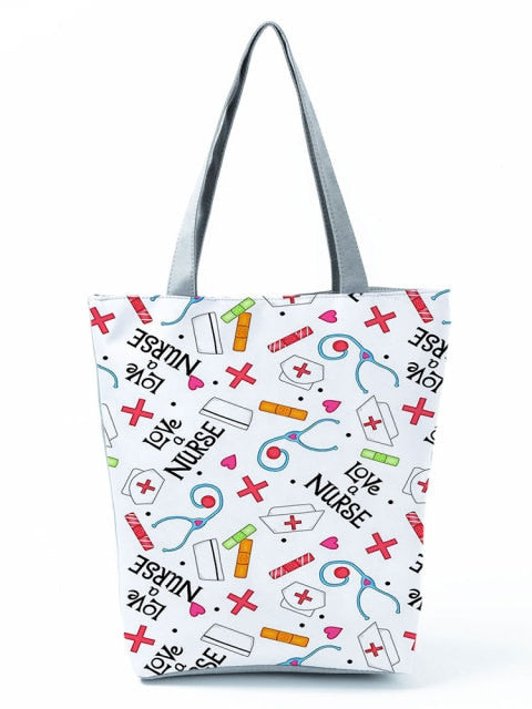 Cartoon Ladies Nurse Printed Handbag Foldable High Capacity Women Shoulder Shopping Bag Chic Travel Beach Bag