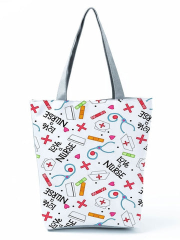 Cartoon Ladies Nurse Printed Handbag Foldable High Capacity Women Shoulder Shopping Bag Chic Travel Beach Bag