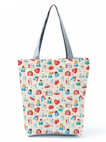 Cartoon Ladies Nurse Printed Handbag Foldable High Capacity Women Shoulder Shopping Bag Chic Travel Beach Bag