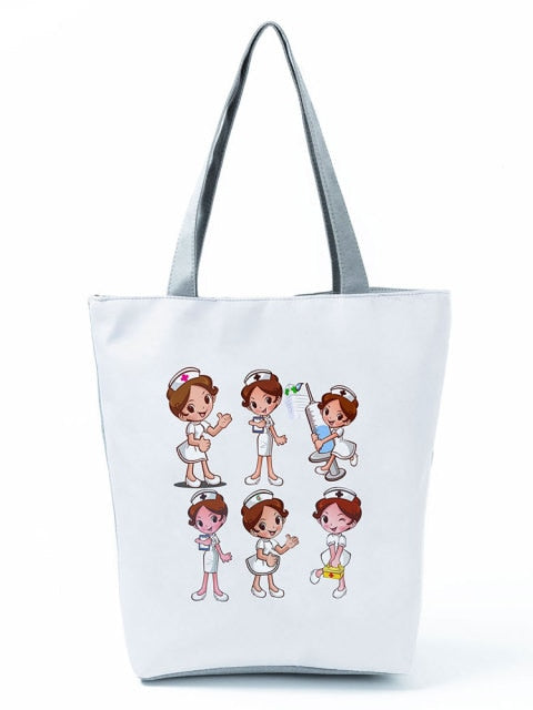 Cartoon Ladies Nurse Printed Handbag Foldable High Capacity Women Shoulder Shopping Bag Chic Travel Beach Bag