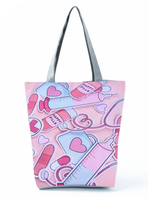 Cartoon Ladies Nurse Printed Handbag Foldable High Capacity Women Shoulder Shopping Bag Chic Travel Beach Bag