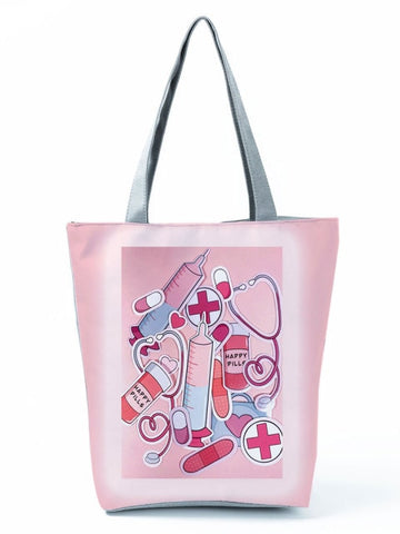 Cartoon Ladies Nurse Printed Handbag Foldable High Capacity Women Shoulder Shopping Bag Chic Travel Beach Bag