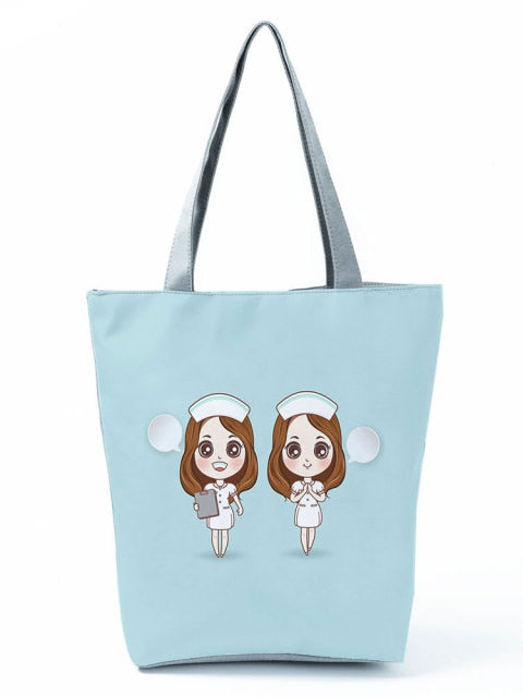 Cartoon Ladies Nurse Printed Handbag Foldable High Capacity Women Shoulder Shopping Bag Chic Travel Beach Bag