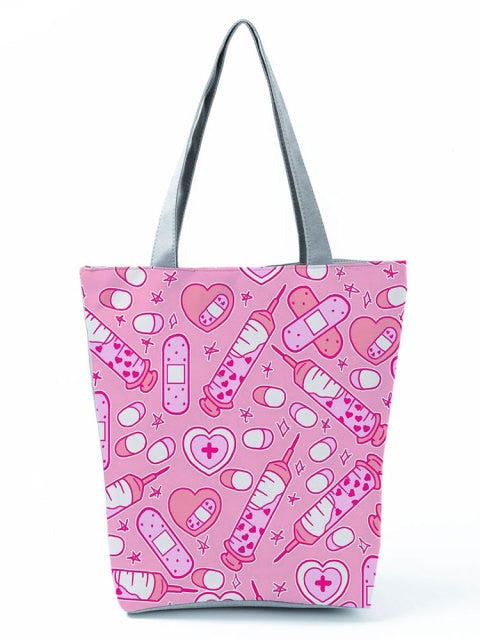 Cartoon Ladies Nurse Printed Handbag Foldable High Capacity Women Shoulder Shopping Bag Chic Travel Beach Bag