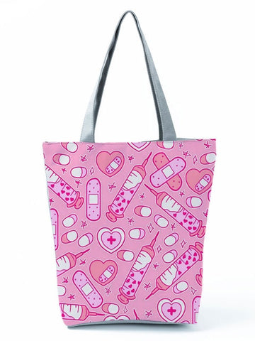 Cartoon Ladies Nurse Printed Handbag Foldable High Capacity Women Shoulder Shopping Bag Chic Travel Beach Bag