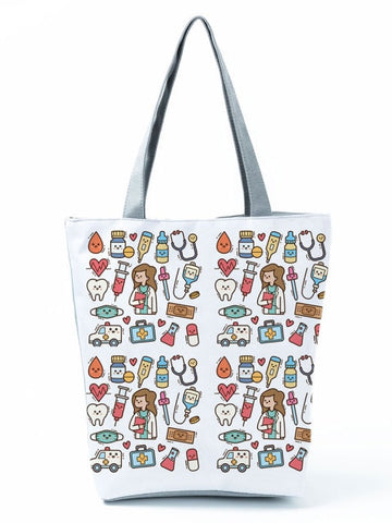 Cartoon Ladies Nurse Printed Handbag Foldable High Capacity Women Shoulder Shopping Bag Chic Travel Beach Bag