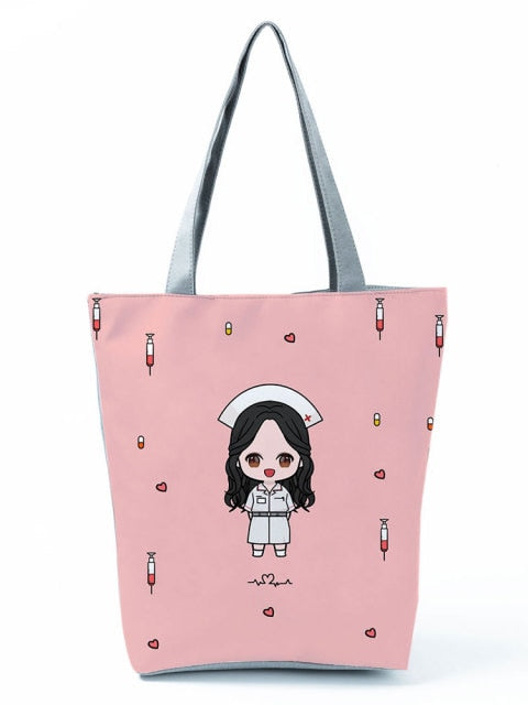 Cartoon Ladies Nurse Printed Handbag Foldable High Capacity Women Shoulder Shopping Bag Chic Travel Beach Bag