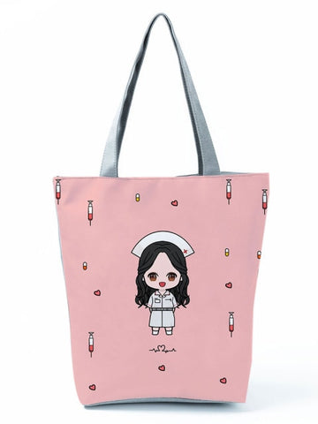 Cartoon Ladies Nurse Printed Handbag Foldable High Capacity Women Shoulder Shopping Bag Chic Travel Beach Bag