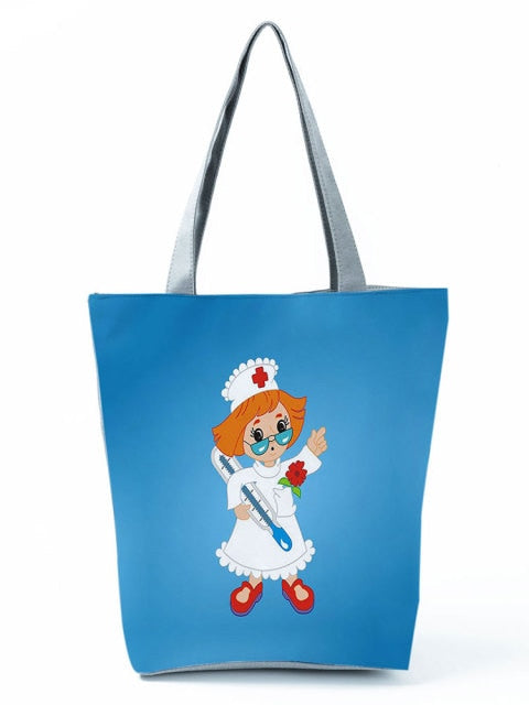 Cartoon Ladies Nurse Printed Handbag Foldable High Capacity Women Shoulder Shopping Bag Chic Travel Beach Bag