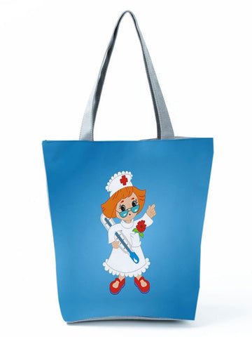 Cartoon Ladies Nurse Printed Handbag Foldable High Capacity Women Shoulder Shopping Bag Chic Travel Beach Bag