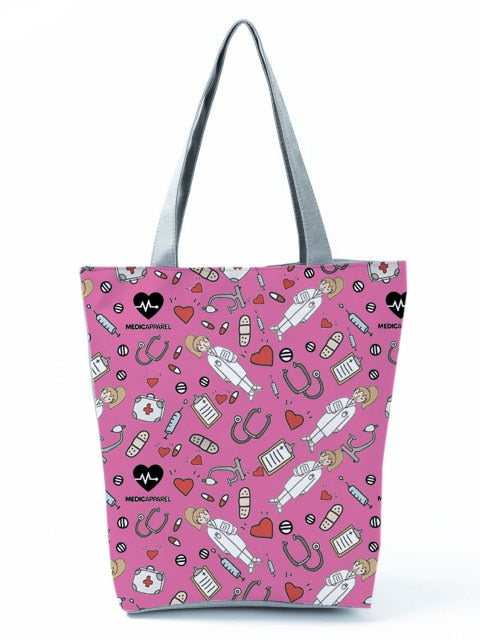 Cartoon Ladies Nurse Printed Handbag Foldable High Capacity Women Shoulder Shopping Bag Chic Travel Beach Bag