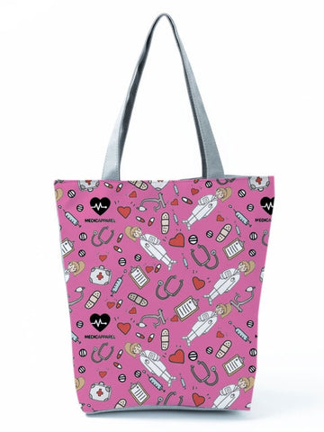 Cartoon Ladies Nurse Printed Handbag Foldable High Capacity Women Shoulder Shopping Bag Chic Travel Beach Bag
