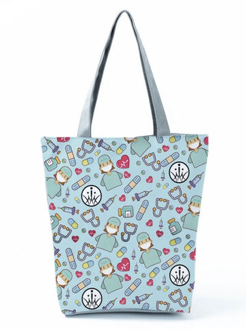 Cartoon Ladies Nurse Printed Handbag Foldable High Capacity Women Shoulder Shopping Bag Chic Travel Beach Bag