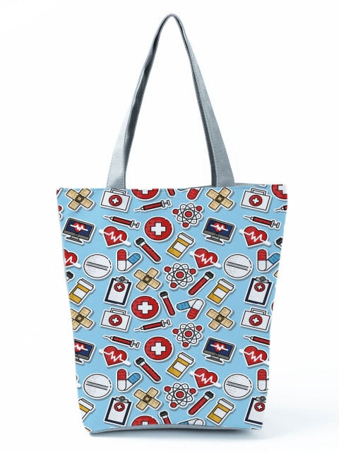 Cartoon Ladies Nurse Printed Handbag Foldable High Capacity Women Shoulder Shopping Bag Chic Travel Beach Bag