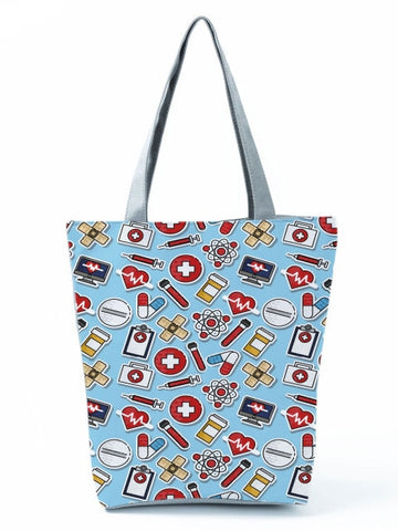 Cartoon Ladies Nurse Printed Handbag Foldable High Capacity Women Shoulder Shopping Bag Chic Travel Beach Bag