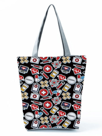 Cartoon Ladies Nurse Printed Handbag Foldable High Capacity Women Shoulder Shopping Bag Chic Travel Beach Bag